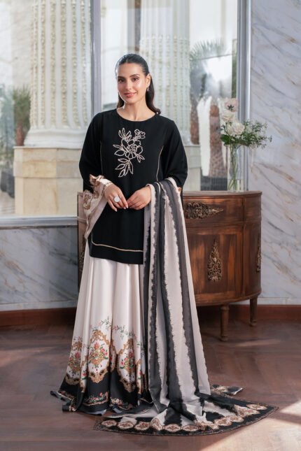 Elrae black formal 3-piece suit with silver sequin detailing and printed charmeuse silk dupatta