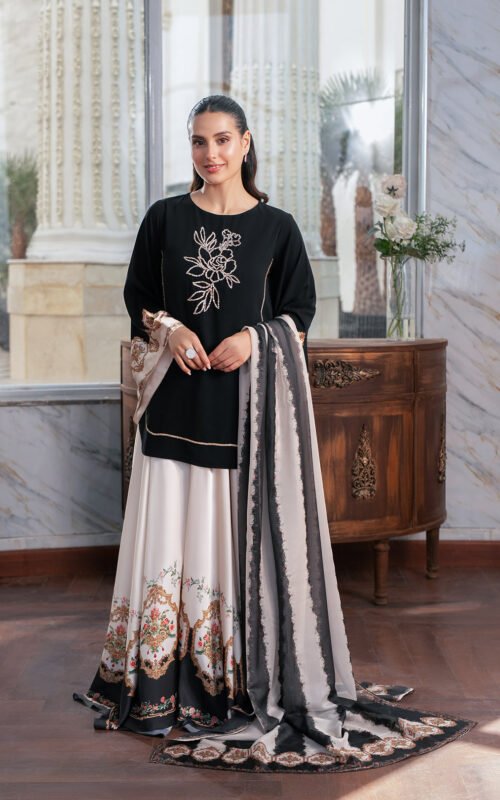 Elrae black formal 3-piece suit with silver sequin detailing and printed charmeuse silk dupatta