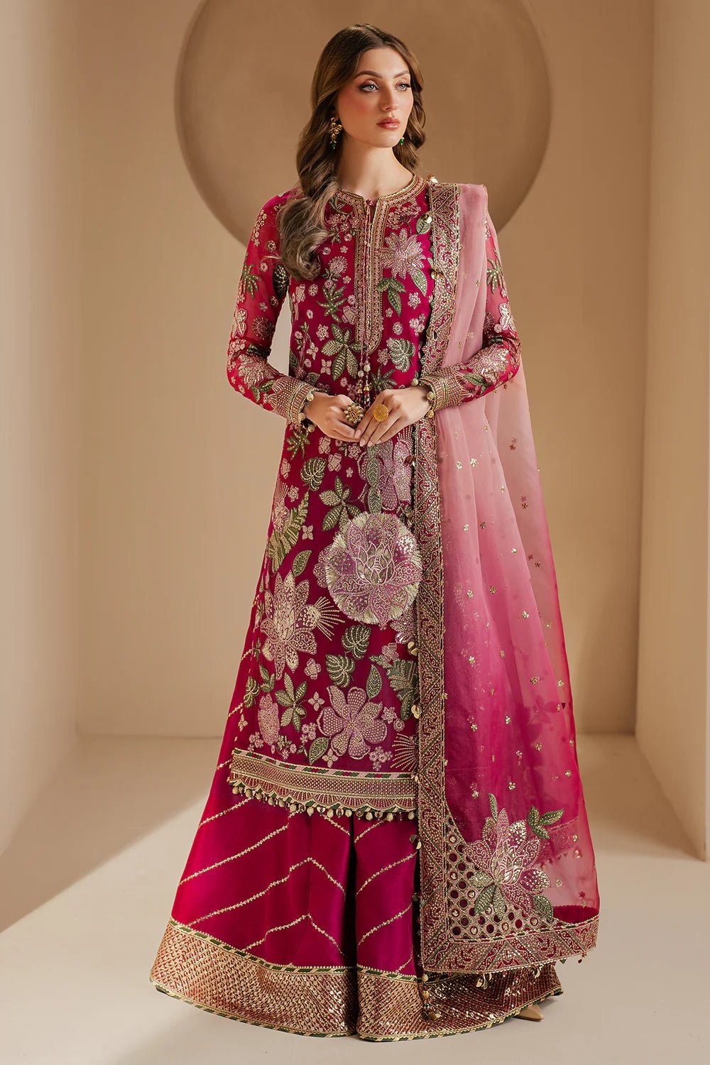IMG_5398.JPG Jazmin Shocking Pink Formal chiffon 3-piece dress with light handwork, two-tone dupatta and silk trousers